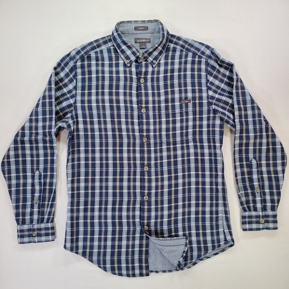 Eddie Bauer Shirt Men Small Blue Plaid Brushed Cotton Classic Fit Button Down